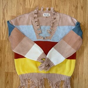 Peach Love California Striped V-Neck Fringe Sweater in Blush, Yellow & Rust